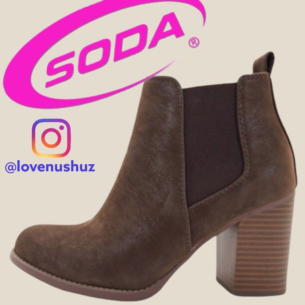 NEW Soda Physic Brown Stacked Heel Chelsea Bootie - Picture 7 of 13